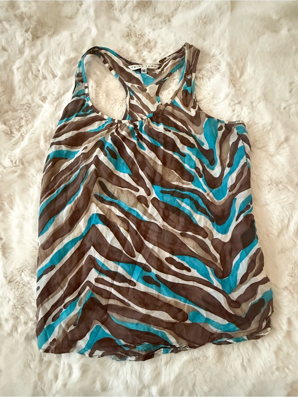 Trina Turk Sheer Zebra-Print Racerback Tank Top in Brown & Teal - Medium